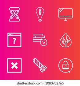 Premium set with outline vector icons. Such as hour, laptop, business, pin, unknown, bank, coin, time, sand, bomb, cash, forest, map, timer, location, hourglass, glass, web, explosion, sign, internet