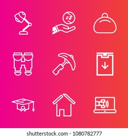 Premium set with outline vector icons. Such as view, crane, style, currency, optical, call, equipment, finance, modern, investment, money, bag, electric, house, illumination, university, school, sign