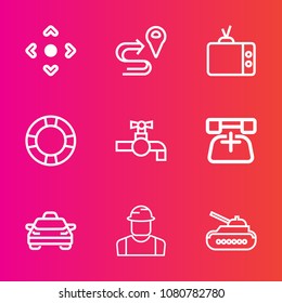 Premium set with outline vector icons. Such as technology, gun, road, car, telephone, taxi, background, army, transport, pool, direction, phone, vehicle, bathroom, map, television, construction, web