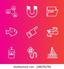Premium set with outline vector icons. Such as business, finger, display, folder, screen, technology, seafood, car, people, office, science, remote, sky, magnetic, transportation, paper, joy, fun, tv
