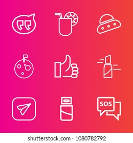 Premium set with outline vector icons. Such as emergency, lipstick, internet, danger, ship, flag, planet, talk, glass, chat, drink, bubble, usb, computer, juice, ufo, beauty, moon, help, message, hand