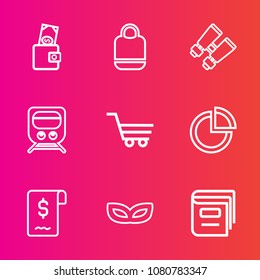 Premium set with outline vector icons. Such as sale, education, money, accessory, shop, fashion, female, purse, search, presentation, celebration, style, sign, trolley, vision, transport, library, spy