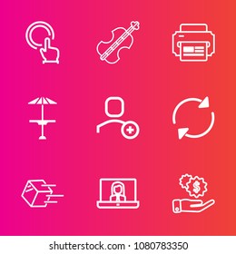 Premium set with outline vector icons. Such as table, dollar, investment, violoncello, musical, cafe, communication, money, music, instrument, web, pub, reload, printer, sound, account, push, user