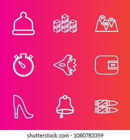 Premium set with outline vector icons. Such as jet, travel, hat, delivery, alarm, white, money, business, fashion, factory, watch, timer, ring, storehouse, horizontal, time, wallet, warehouse, weapon