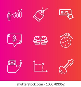 Premium set with outline vector icons. Such as development, progress, web, technology, water, purchase, kitchen, personal, management, competition, button, sign, kettle, space, tag, buy, geometry, hot