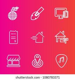Premium set with outline vector icons. Such as business, bill, buy, construction, explosion, danger, payment, cloud, rent, card, curtain, radius, estate, point, fire, bomb, house, white, musical, shop