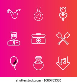 Premium set with outline vector icons. Such as floral, internet, holiday, instrument, celebration, flower, balloon, download, orchestra, tool, fashion, ring, oar, medicine, air, musical, nature, gold