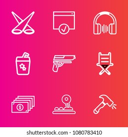 Premium set with outline vector icons. Such as summer, approve, drink, internet, backdrop, handgun, spot, armchair, music, audio, shovel, juice, sign, page, money, sound, stereo, equipment, weapon