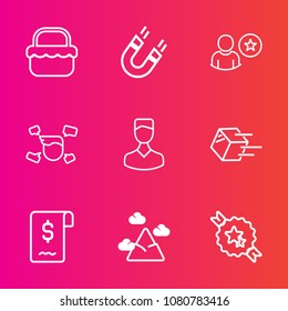 Premium set with outline vector icons. Such as avatar, sale, shipping, pole, nature, male, sign, website, application, basket, meal, science, lunch, ribbon, magnetic, decorative, mountain, blue, grass