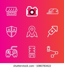 Premium set with outline vector icons. Such as holiday, market, container, photography, cooler, cold, equipment, arrow, lens, pin, protect, celebration, clothing, camera, photographer, shield, drink