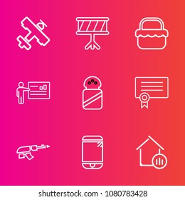 Premium set with outline vector icons. Such as air, grass, sound, salt, real, flight, diploma, ingredient, aviation, picnic, travel, park, business, transport, phone, template, presentation, property