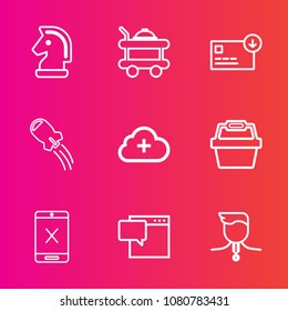 Premium set with outline vector icons. Such as competition, basket, white, play, medal, internet, success, finance, winner, hotel, sack, connection, bed, challenge, room, speech, spaceship, cancel