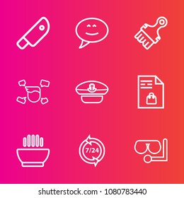 Premium set with outline vector icons. Such as captain, white, support, service, soup, cut, cook, brush, sea, black, notebook, bubble, paint, man, market, knife, glass, navy, equipment, boy, hat, call