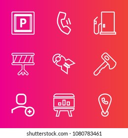 Premium set with outline vector icons. Such as sound, road, cellphone, axe, drum, instrument, infographic, car, template, account, transport, fuel, cell, telephone, construction, communication, sign