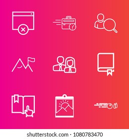 Premium set with outline vector icons. Such as website, sitting, photo, strike, white, picture, sport, click, frame, computer, technology, nature, study, account, encyclopedia, approve, library, book