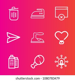 Premium set with outline vector icons. Such as smartphone, sign, chicken, fast, screen, garbage, recycle, housework, white, page, house, love, estate, snack, home, building, send, ecology, electric
