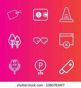 Premium set with outline vector icons. Such as dollar, label, music, money, karaoke, car, lot, meat, fashion, environment, food, sale, nature, forest, pay, microphone, glasses, tag, cash, road, web