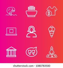 Premium set with outline vector icons. Such as sea, ball, ice, seafood, profile, hot, dinner, woman, young, tasty, shop, dessert, speech, bubble, rocket, message, chat, sky, price, soup, cost, meal