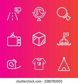 Premium set with outline vector icons. Such as packaging, tv, tape, insulating, outdoor, traffic, print, camp, world, global, package, road, find, tshirt, sphere, travel, typography, buoy, sea, globe
