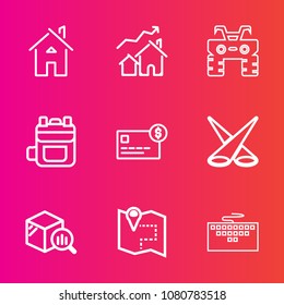 Premium set with outline vector icons. Such as increase, map, travel, money, race, work, keyboard, bag, statistic, wheel, home, building, construction, pin, laptop, estate, architecture, business, atv