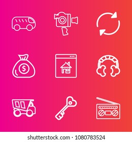 Premium set with outline vector icons. Such as traffic, transportation, financial, dumper, key, technology, dump, music, video, truck, professional, move, left, movie, arrow, money, car, finance, sign