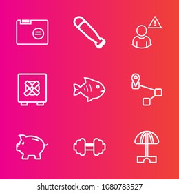 Premium set with outline vector icons. Such as sea, sun, seafood, sport, workout, file, safety, open, fish, office, parasol, recreation, location, investment, food, folder, summer, coin, safe, bat
