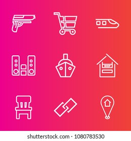 Premium set with outline vector icons. Such as business, automatic, hyperlink, army, home, train, sound, play, travel, pin, firearm, link, web, supermarket, market, customer, caliber, boat, war, gun