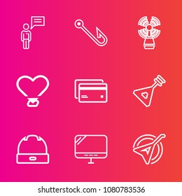 Premium set with outline vector icons. Such as banking, music, musical, fish, chatting, tower, communication, internet, chat, travel, hook, business, people, white, plastic, equipment, beacon, love