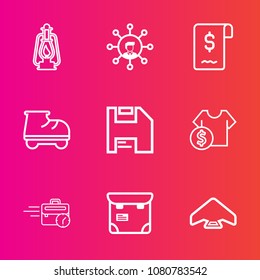 Premium set with outline vector icons. Such as metal, people, lantern, screen, pretty, parachute, communication, price, roller, business, white, computer, old, phone, extreme, document, web, sign, oil