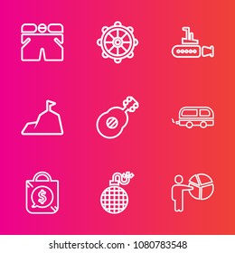 Premium Set With Outline Vector Icons. Such As Helm, Vehicle, Power, Music, Landscape, Danger, Transport, Bag, Water, Marine, Musical, Nautical, Bus, Sky, Boat, Undersea, Mountain, Fashion, Rudder