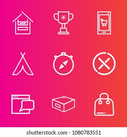 Premium set with outline vector icons. Such as cart, grocery, direction, fashion, outdoor, supermarket, camp, app, north, championship, market, compass, sale, mobile, website, communication, trolley