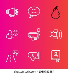 Premium set with outline vector icons. Such as pear, mask, street, fruit, audio, home, ripe, talk, fresh, food, organic, traffic, voice, loud, dialog, online, chat, sign, sound, diving, office, road