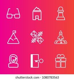 Premium set with outline vector icons. Such as residential, chess, technology, sign, vision, exit, escape, landscape, home, real, eye, nature, package, giftbox, satellite, graphic, call, launch, blue