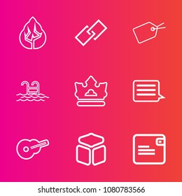 Premium set with outline vector icons. Such as blue, wood, wallet, royal, crown, interface, white, king, discount, sale, square, tree, tag, landscape, swimming, queen, money, price, cube, link, summer