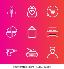 Premium set with outline vector icons. Such as boy, graph, fashion, style, shop, furniture, location, hand, map, place, modern, pie, tank, bedroom, male, drill, trolley, man, equipment, bag, business