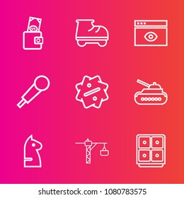 Premium set with outline vector icons. Such as female, sound, safe, hammer, discount, chess, beautiful, business, sale, finance, window, fun, internet, tank, gun, strategy, white, game, war, money