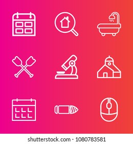Premium set with outline vector icons. Such as canoe, device, estate, computer, style, sink, real, research, day, microscope, internet, paddle, laboratory, bullet, time, search, online, white, event