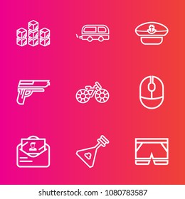 Premium set with outline vector icons. Such as music, factory, shorts, business, delivery, handgun, firearm, mail, string, transportation, click, transport, sign, bike, storage, template, musical, bus
