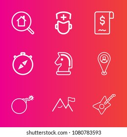 Premium set with outline vector icons. Such as guitar, online, healthcare, nuclear, estate, bomb, chess, medical, north, internet, game, east, war, technology, south, house, uniform, travel, musical