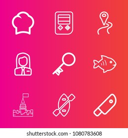 Premium set with outline vector icons. Such as oar, job, cut, professional, route, road, building, medieval, sea, people, arrow, cook, navigation, key, cooking, canoe, fish, uniform, chief, button