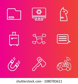 Premium set with outline vector icons. Such as setting, chessboard, strategy, suitcase, tourism, pole, business, message, tool, tourist, luggage, journey, web, bag, horse, sign, competition, hammer