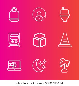 Premium set with outline vector icons. Such as railway, sky, management, ladder, bathroom, modern, summer, internet, style, leaf, concept, bag, leather, restroom, cube, white, step, communication, up