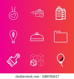 Premium set with outline vector icons. Such as computer, work, office, necklace, internet, map, location, paintbrush, suitcase, folder, desk, business, real, city, gift, balloon, replacement, package