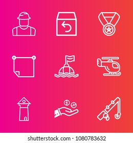 Premium set with outline vector icons. Such as order, life, air, success, shipping, transportation, delivery, rod, reel, construction, sport, architecture, hand, safety, worker, award, famous, man