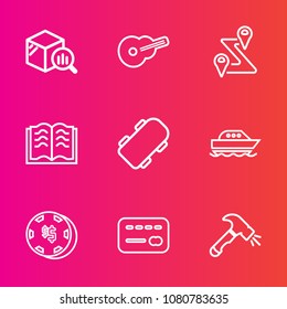 Premium set with outline vector icons. Such as equipment, card, money, road, statistic, casino, report, map, education, bank, finance, book, literature, ocean, route, sea, board, market, musical, data