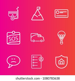 Premium set with outline vector icons. Such as bubble, sky, mask, finance, parachute, snorkel, beach, blue, vehicle, landscape, cheque, nature, message, jump, mountain, sport, snorkeling, van, sign
