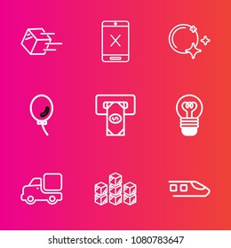 Premium set with outline vector icons. Such as white, storage, box, balloon, finance, cargo, night, atm, star, celebration, truck, shipment, sky, bulb, electricity, industrial, wire, holiday, cash, tv