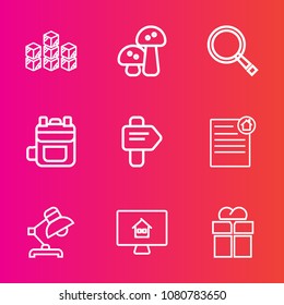Premium set with outline vector icons. Such as giftbox, edible, way, estate, gift, mushroom, storage, white, table, distribution, search, house, champignon, document, leather, arrow, property, home