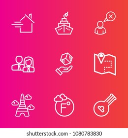 Premium set with outline vector icons. Such as fahrenheit, travel, people, property, eiffel, folk, profile, music, shipping, worker, landmark, internet, cancel, concept, instrument, online, paris, box