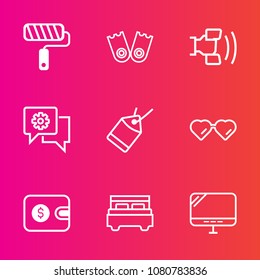 Premium set with outline vector icons. Such as internet, tool, chat, pc, equipment, paint, flipper, paper, work, roller, bedroom, sea, bed, technology, label, purse, glasses, laptop, double, home, sun
